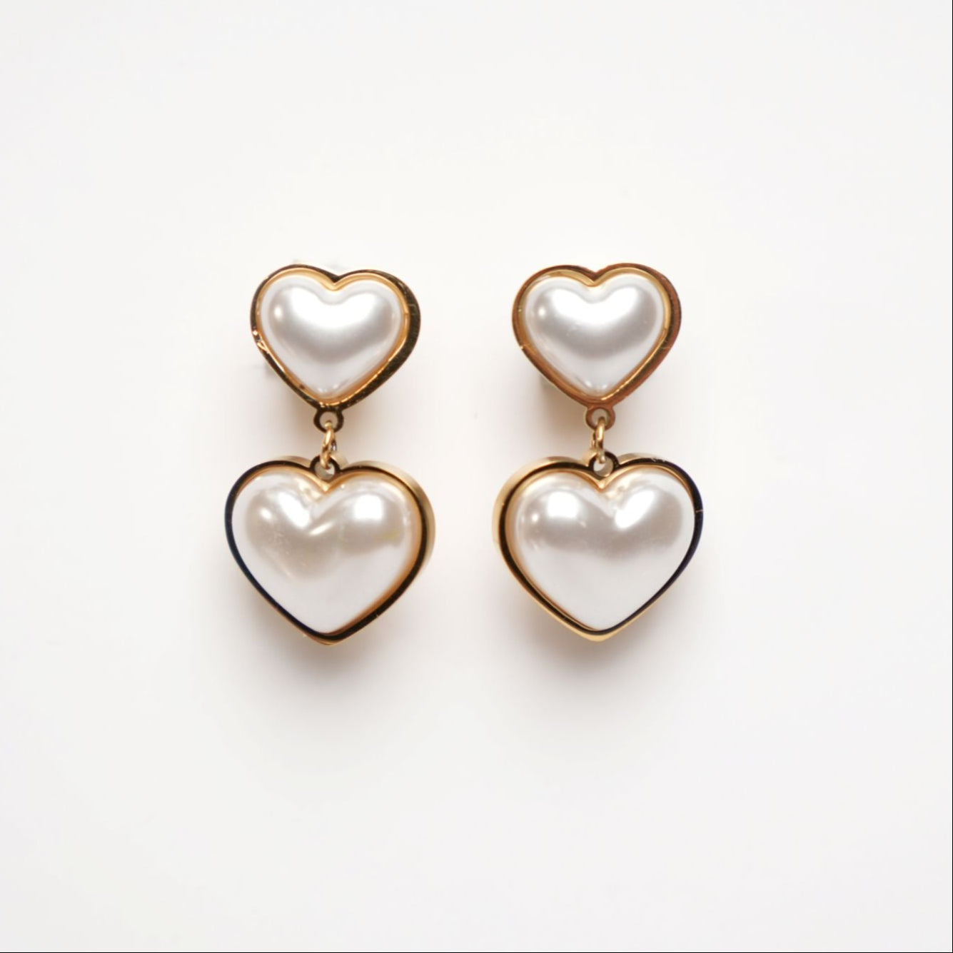 Double Heart Pearl Drop Earrings