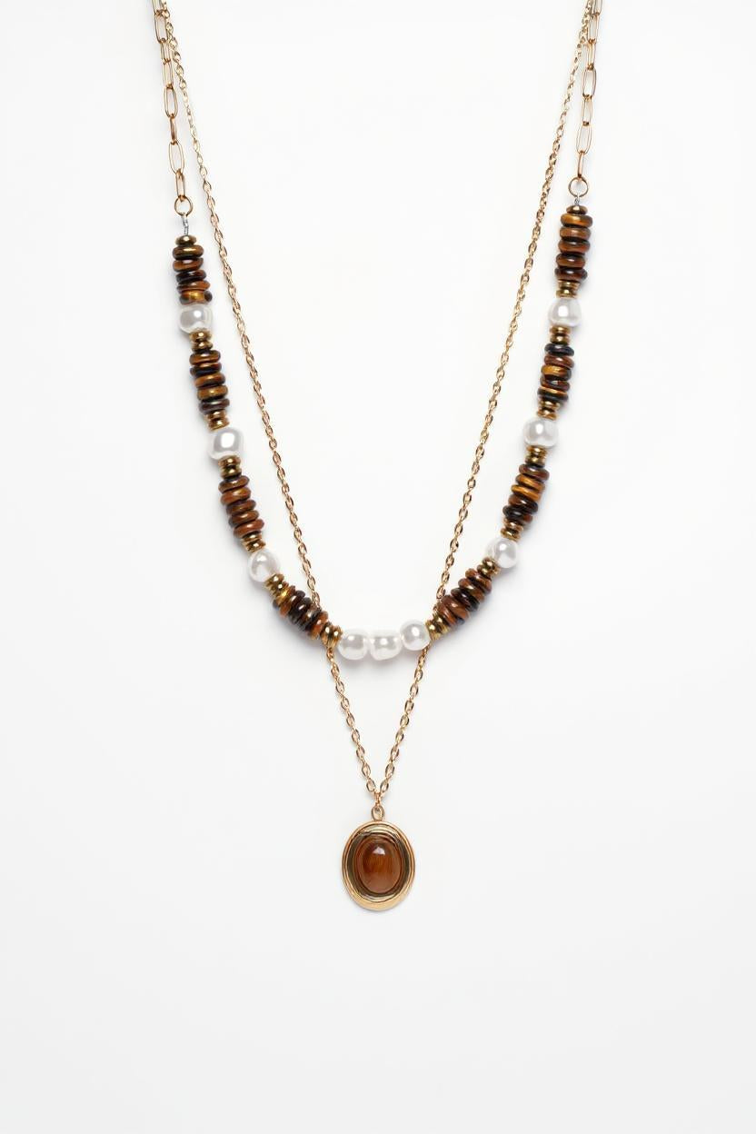 Layered Tiger Eye & Pearl Pendant Necklace