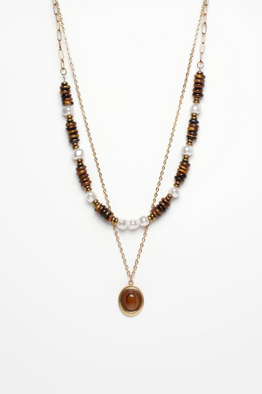 Layered Tiger Eye & Pearl Pendant Necklace